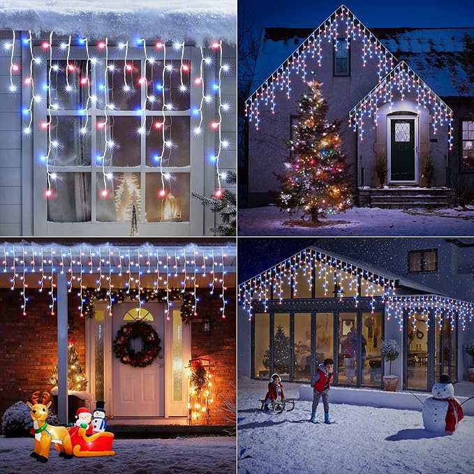 Toodour Red White Blue Christmas Icicle Lights, 29.5ft 360 LED Icicle Lights, 8 Modes, 60 Drops, Window Curtain Led Christmas Light, Icicle Twinkle Light for Eaves, Party, Wedding, Xmas Decorations