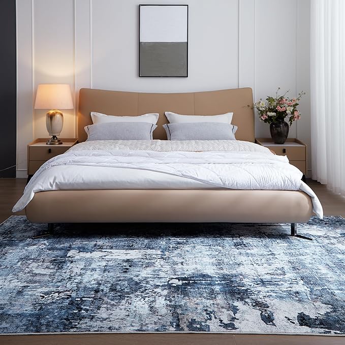 6x9 Rug Washable Bedroom Rug Large Boho Rug Soft Area Rug Abstract Pattern Non-Slip Non-Shedding Faux Wool Vintage Rug for Living Room, Farmhouse, Dining Room, Kids Playroom, Blue