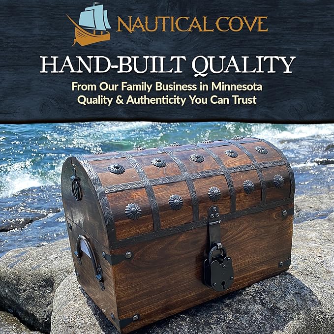 Nautical Cove Handmade Pirate Treasure Chest for Kids Prizes & Classroom with Lock and Skeleton Keys – Lockable Wooden Storage Chest Box, Pirate Decor, Decorative Wooden Box - Large 13x8x8.25