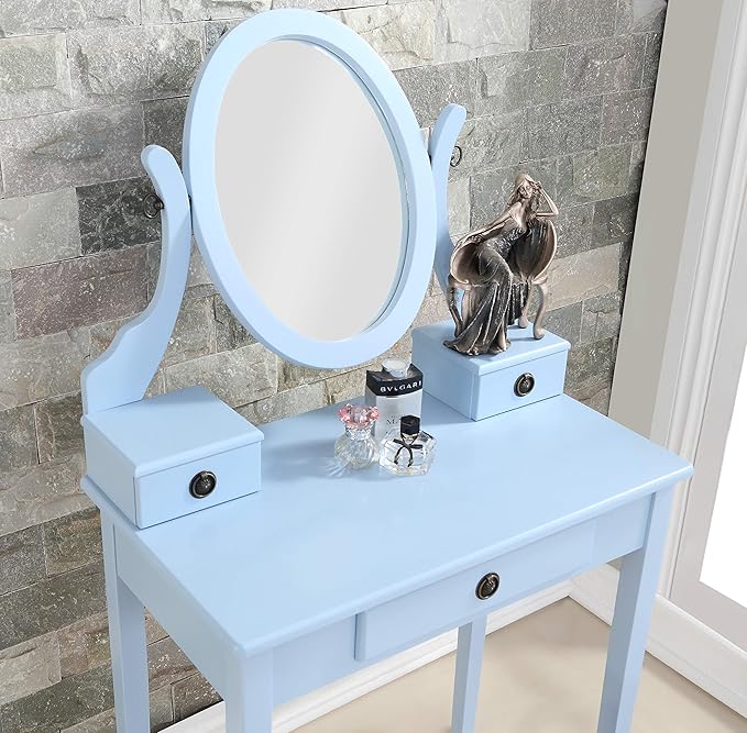 Roundhill Furniture Moniys Wood Makeup Vanity Table and Stool Set, Blue
