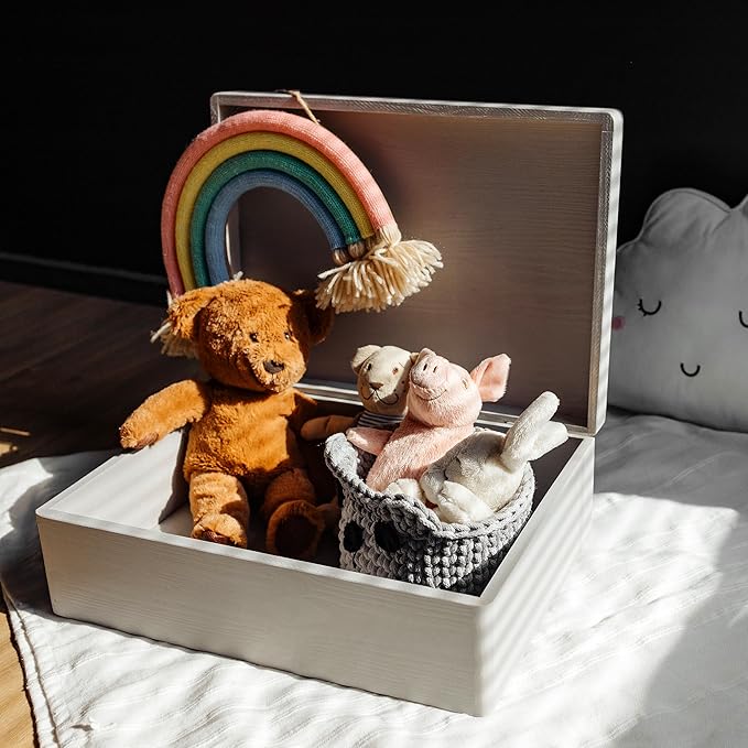 XL White Wooden Box Storage with Hinged Lid | 15.8x11.8x5.5in (+-0.5) | Gift Box for Tool Dog Toy Shoes Clothes Kitchen Storage | Wood Keepsake Chest