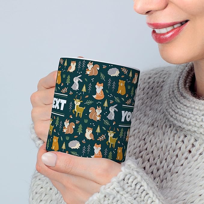 Personalized Mug for Kids - Woodland Animals - Custom Name/Text, Ceramic Hot Chocolate/Cocoa/Coffee Cup for Boys/Girls, Birthday/Christmas/Holiday Gift - 15 oz, Red Handle