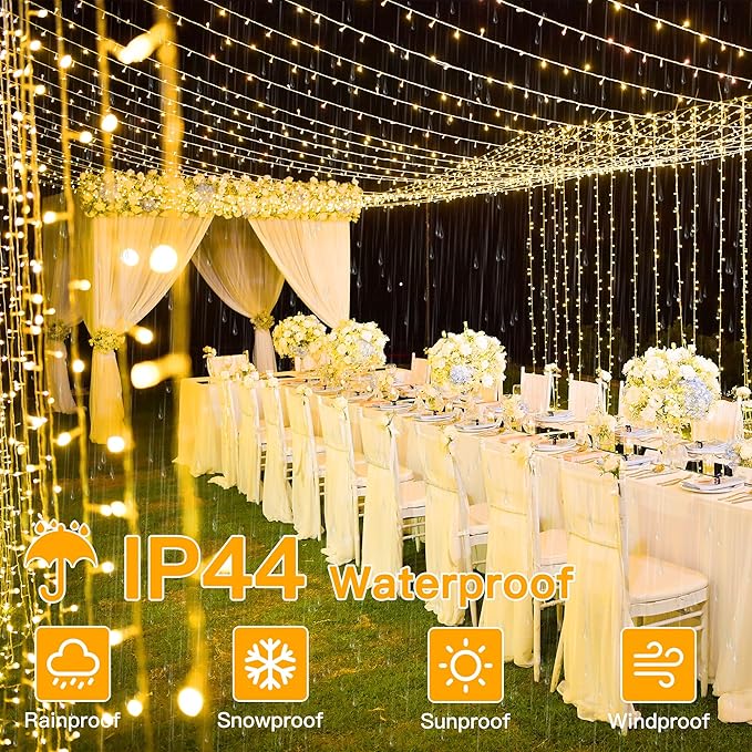 Ollny 2 Pack Curtain String Lights Warm White, 400LED 6.6x6.6ft Fairy Lights With Remote 8 Modes, Hanging Outdoor Waterproof, USB Power Wall for Bedroom Indoor Backdrop Window