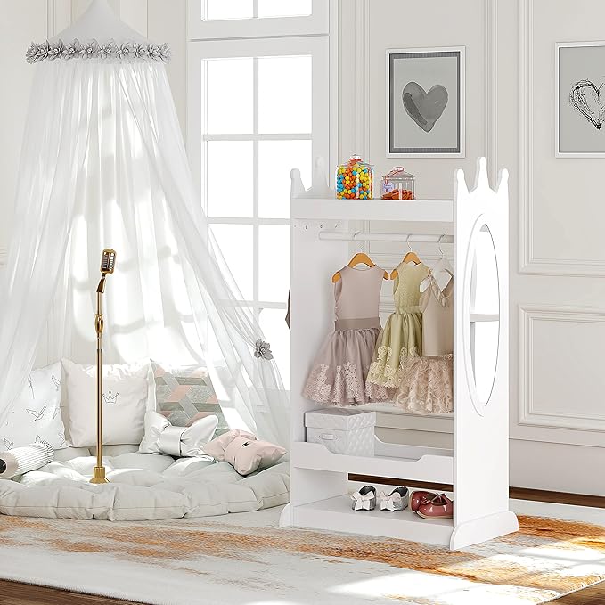 UTEX Kid’s See and Store Dress-up Center, Costume Closet for Kids, Open Hanging Armoire Closet, Pretend Storage, Costume Dresser(White)
