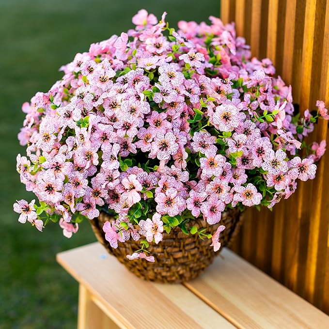 Artificial Flowers for Outdoors Fake Plants - 16 Bundles Faux Outside Greenery Boxwood No Fade Plastic Shrubs Fall Decor Farmhouse Home Garden Thanksgiving Mums (Pink)