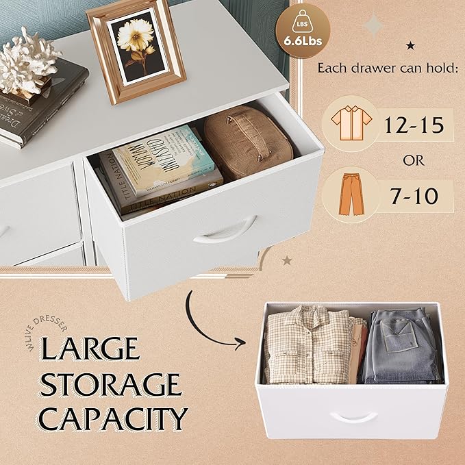 WLIVE Fabric Dresser for Bedroom, Tall Dresser with 8 Drawers, Storage Tower with Fabric Bins, Double Dressers, Chest of Drawers for Closet, Playroom, Dormitory, White