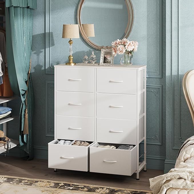 WLIVE Fabric Dresser for Bedroom, Tall Dresser with 8 Drawers, Storage Tower with Fabric Bins, Double Dressers, Chest of Drawers for Closet, Playroom, Dormitory, White
