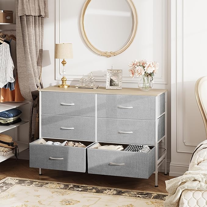 WLIVE 6 Drawer Dresser for Bedroom, Wide Fabric Dresser TV Stand for 50 Inches TV with Metal Frame, Wooden Top, Chest of Drawers, Storage Organizer for Living Room, Hallway, Light Grey