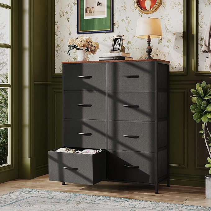 WLIVE Tall Fabric Dresser with 8 Drawers, Storage Tower with Fabric Bins, Double Dressers, Chest of Drawers for Closet, Bedroom, Living Room, Hallway, Dorm, Black and Rustic Brown