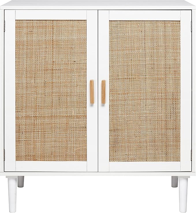 Finnhomy Sideboard Buffet Cabinet, Kitchen Storage Console with Rattan Decorated Doors, Liquor Buffet, Dining Room, Hallway, Cupboard Console Table, Accent Cabinet, 31.5X 15.8X 34.6 Inches, White