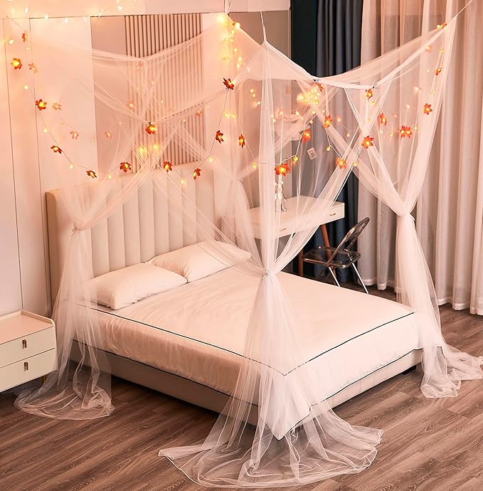 Mengersi Bed Canopy with Lights,Maple Leaf Pumpkin Canopy Bed Curtains Mosquito net,Halloween Theme Party Supplies Festival Decor,White