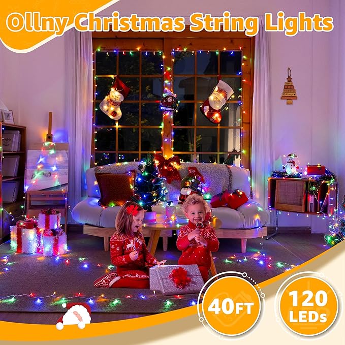 Ollny 120LED 40FT Christmas Lights, Waterproof Connectable String Lights with Timer 8 Modes, Multicolor Plug in Fairy Light for Indoor Outdoor Bedroom Xmas Tree Holiday Party Decorations