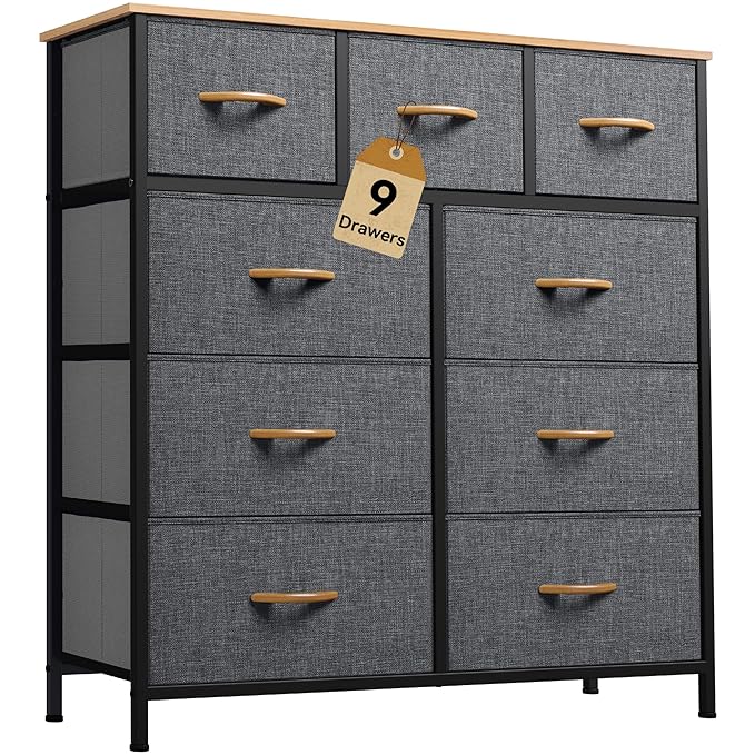 DWVO Dresser with 9 Drawers, Fabric Storage Dresser, Chest of Drawers, Storage Tower Organizer Unit for Living Room, Closets(Dark Grey)