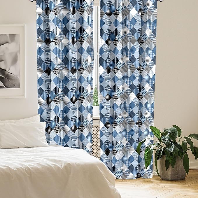 Ambesonne Geometric Window Curtains, Geometrical Diamond Shaped Lines with Various Nostalgic Fashioned Old Pattern, Decorative Panels Set of 2 with Rod Pocket, Pair of - 28" x 95", Black Blue