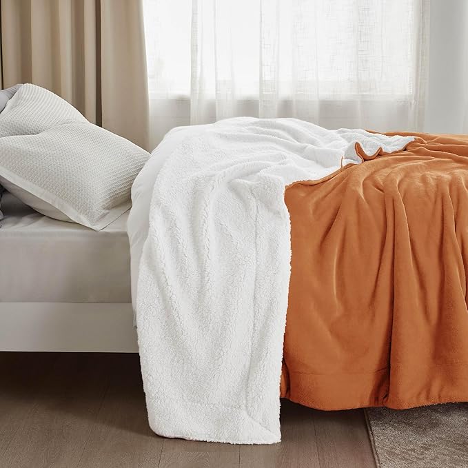 Bedsure GentleSoft Sherpa Fleece Blankets Queen Size for Bed - Thick and Warm Throw for Women and Men, Soft Fuzzy Plush Queen Blanket for Winter, Burnt Orange, 90x90 Inches