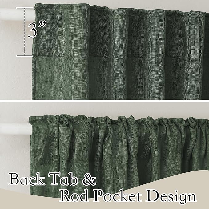 RYB HOME Linen Blended Curtains - Back Tab Vintage Thick Linen Burlap Light Filtering Decorative Sheer for Bedroom Living Room Home Office, W 52" x L 102", 2 Pcs, Hunter Green