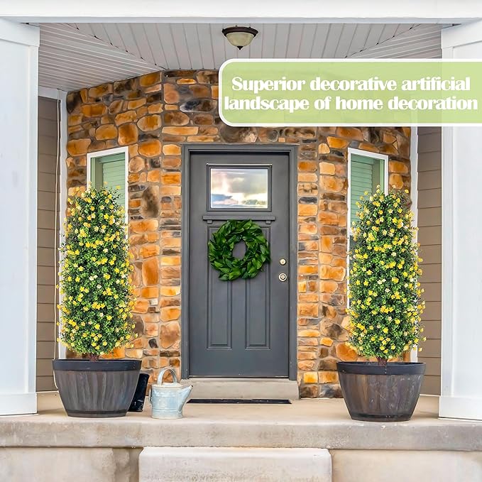 Sunnyglade 2 Packs Artificial Rose Tree 3FT- Fake Floral Plant Tree in Pot- Decorative Topiary Plant - Cement Filled Potted Faux Flower Plant for Home Office Porch Decor Indoor Outdoor(Yellow)