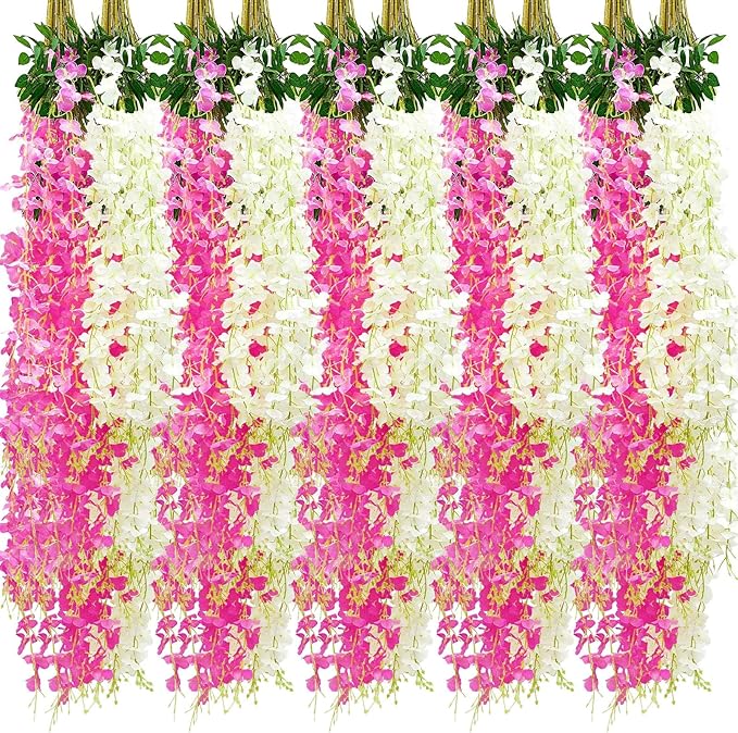 Giegxin 24 Pcs Artificial Wisteria Hanging Flowers 3.6 ft Artificial Fake Wisteria Vine Rattan Hanging Garland Silk Flowers String for Wall Home Wedding Party Greenery Decorations (Dark Pink,White)