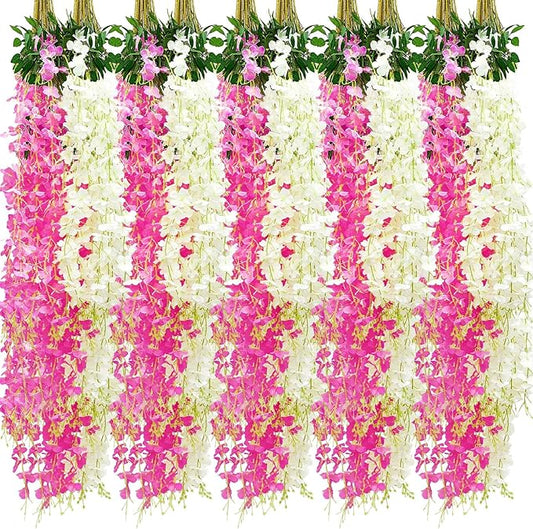 Giegxin 24 Pcs Artificial Wisteria Hanging Flowers 3.6 ft Artificial Fake Wisteria Vine Rattan Hanging Garland Silk Flowers String for Wall Home Wedding Party Greenery Decorations (Dark Pink,White)