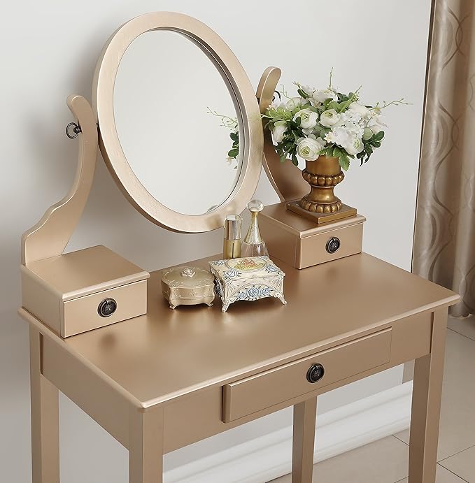 Roundhill Furniture Moniys Wood Moniya Makeup Vanity Table and Stool Set, Gold
