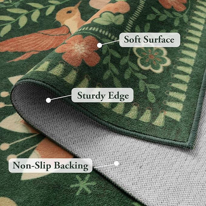 Moynesa Boho Bird 9x12 Area Rug Washable Living Room Rug, Low-Pile Green Floral Bedroom Rugs for Living Room Stain Resistance, Vintage Soft Large Rug for Kids Playroom Nursery