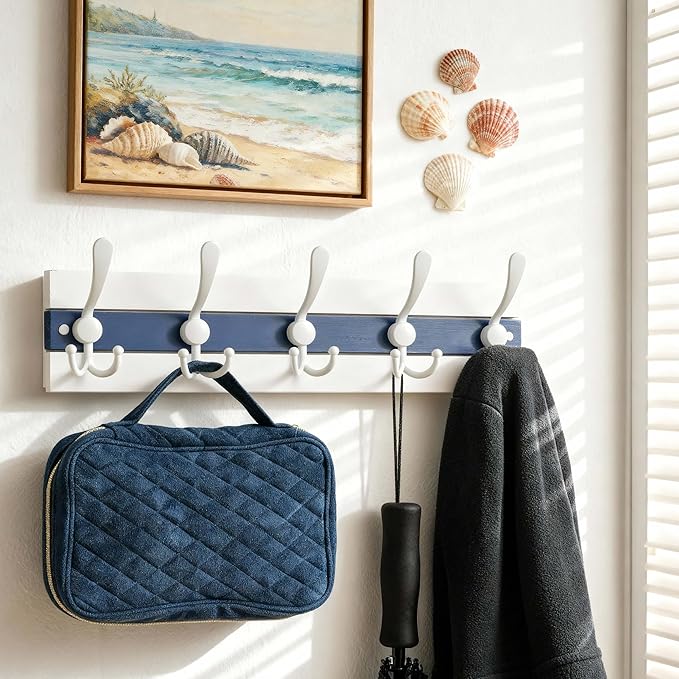 SKOLOO Coastal Wall Mounted Coat Rack - 17" Beach House Entryway Wooden Coat Hook with 5 Hooks for Hanging Coats, Hats or Towels, Oceanfront Cottage Core Collection, White & Blue, Pack of 2