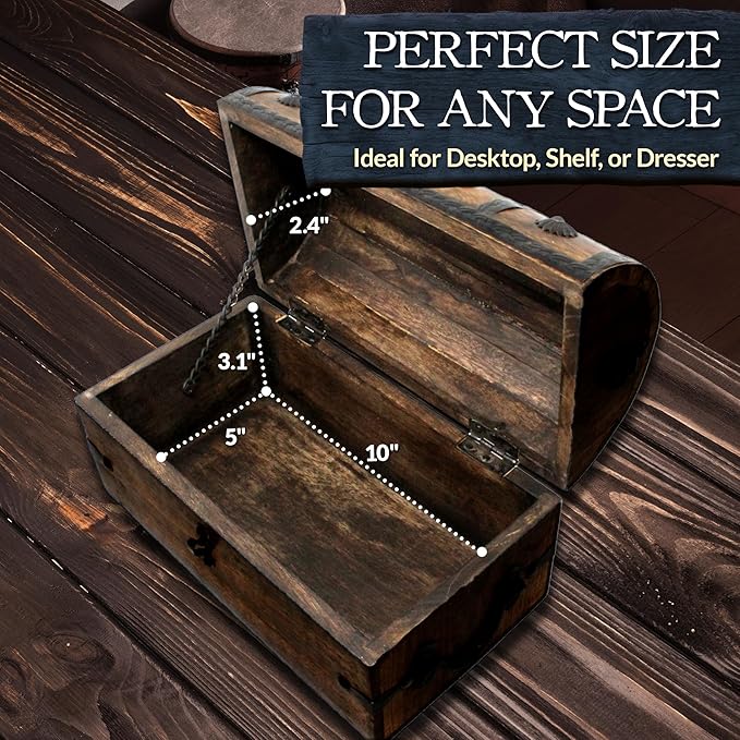 Nautical Cove Handmade Pirate Treasure Chest for Kids Prizes & Classroom with Lock and Skeleton Keys – Lockable Wooden Storage Chest Box, Pirate Decor, Decorative Wooden Box - Medium 11x6x6.75