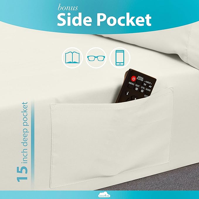 DREAMCARE Twin XL Sheet Sets – 3pcs Cooling Sheets – up to 15” Deep Pocket Twin XL Sheets Set – Hotel Luxury Sheets & Pillowcases – Superior Softness 100% Fine Microfiber with Side Pocket – Ivory