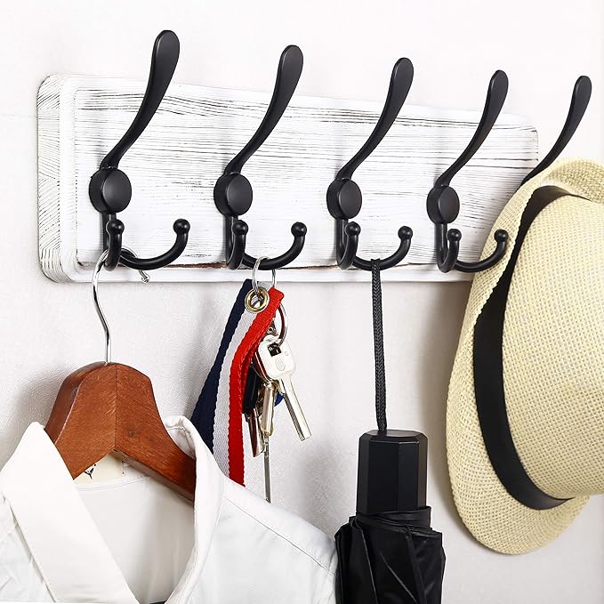WEBI Coat Rack Wall Mount,Coat Hooks Wall Mounted,16" Hole to Hole,Coat Hanger Wall,Wood Hook Rack Rail,5 Triple Hooks for Hanging Coats,Jacket,Clothes,Black/White