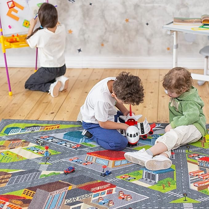 KC Cubs 8x10 City Streets Car Road Rug – Educational Non-Slip Play Mat for Kids, Toddlers, Nursery, Classroom, Playroom, Baby Daycare, Boy Girl Carpet