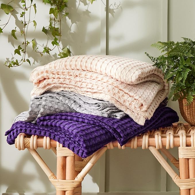 Bedsure Cooling Cotton Waffle Queen Size Blanket - Lightweight Breathable Blanket of Rayon Derived from Bamboo for Hot Sleepers, Luxury Throws for Bed, Couch and Sofa, Purple, 90x90 Inches