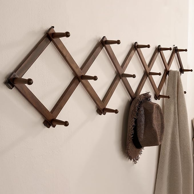 SKOLOO Accordion Wall Hanger with 16 Hooks, Modern Expandable Coat Rack Hat Rack for Wall, Solid Wooden, Walnut Color
