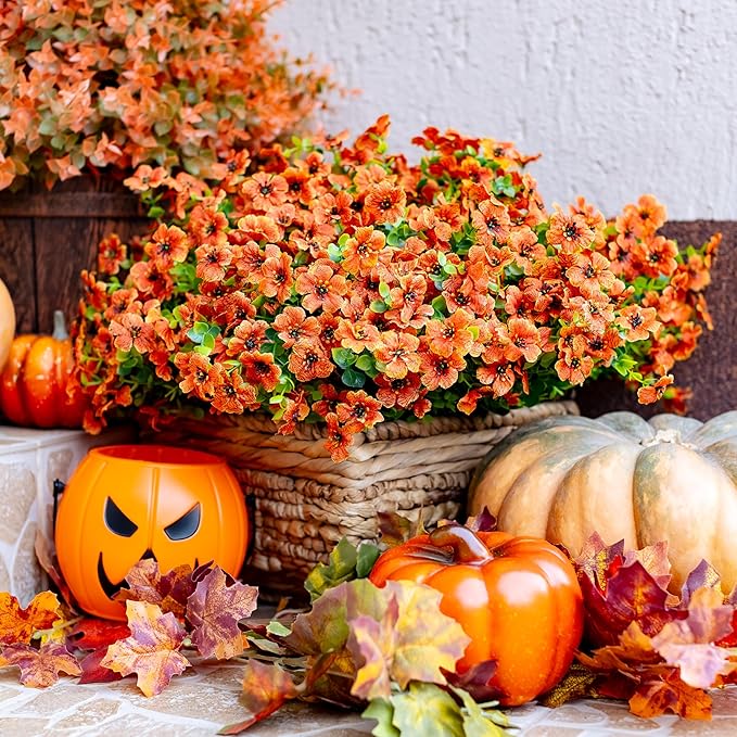 Artificial Fall Flowers Outdoor Fake Mums - 16 Bundles Fake Plants UV Resistant No Fade Faux Plastic Greenery Garden Porch Patio Fall Home Decor (Red Orange16)