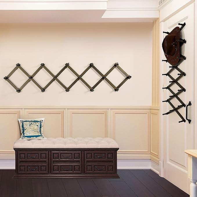 WEBI Accordion Wall Hanger,Accordion Hat Rack for Wall,Expandable Wooden Coat Rack Wall Mounted,Accordion Hook Rack for Hats,Caps,16 Peg,Dark Walnut