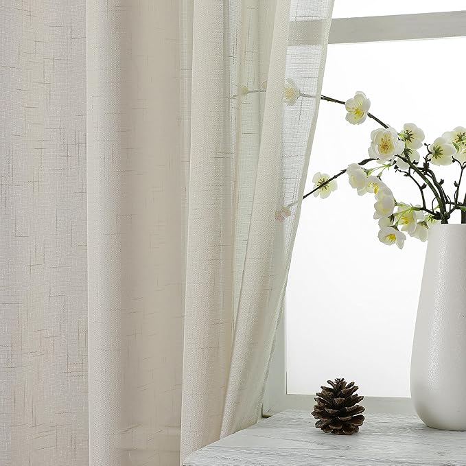 Aiyufeng Kirei Farmhouse Faux Linen Sheer Curtains 63 Inches Long, Light Filtering Solid Drapes for Window, 1 Pair Natural Linen Look Curtains Sheer for Bedroom (Set of 2, 40 by 63Inch, Natural)