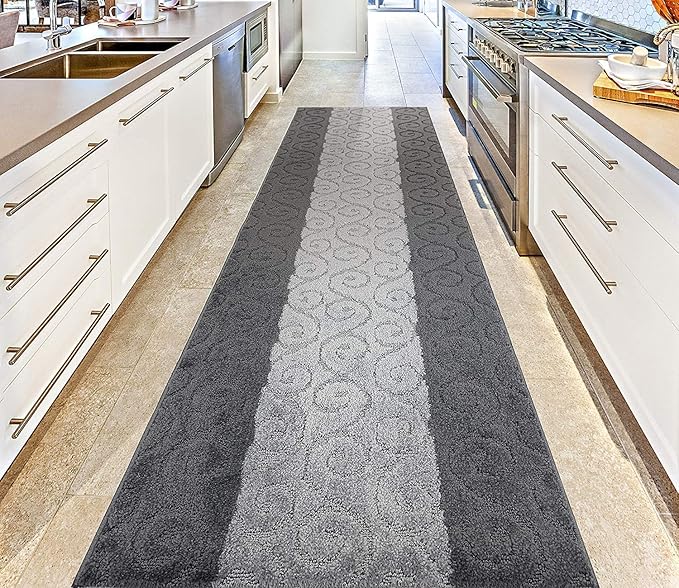 Custom Size Modern Runner Rug Carpet for Hallway Entryway Foyer Kitchen, Slip Resistant Latex Rubber Backed 31 inch Wide X Customized Length, Scroll Grey, 31 inch X 7 feet