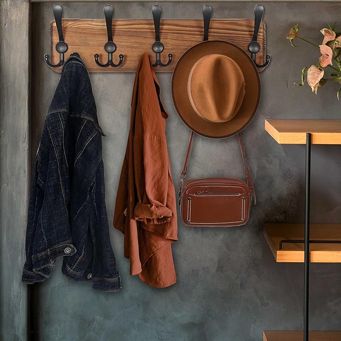 WEBI Rustic Coat Rack Wall Mounted,Wood Coat Hanger Wall,5 Coat Hooks,16" Hole to Hole,Hook Rack Rail,5 Triple Hooks for Hanging Jacket,Clothes,Hats,Entryway,Brown,2 Packs