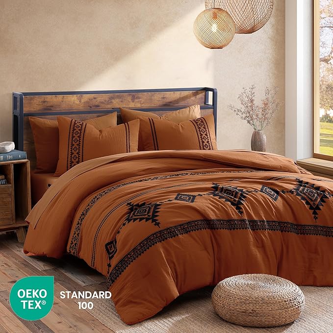 MaiRêve California King Comforter Set Burnt Orange, Embroidery Western Bedding Set Boho 7 Pieces, Farmhouse All-Season Bed in A Bag with Sheets, Pillowcases & Shams