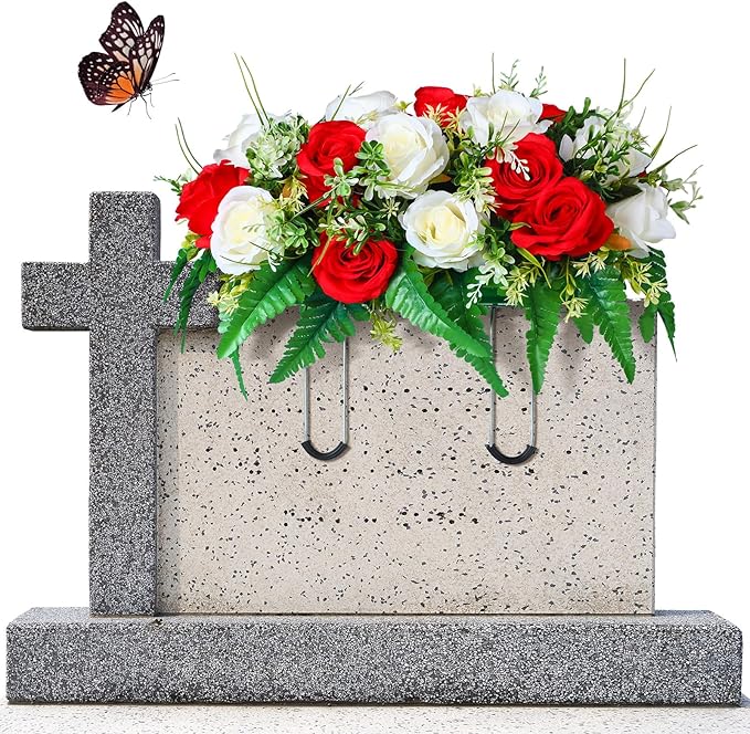 Christmas Cemetery Decorations for Grave Headstone Flower Saddle Artificial Flower Saddles Red Poinsettia Outdoor Memorial Headstone Realistic Bouquet(Fresh Color,Butterfly Style)