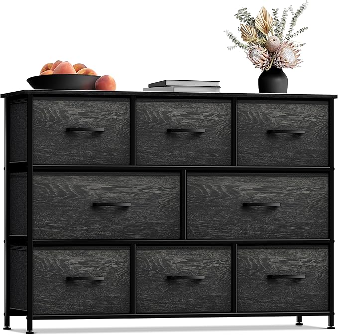Sorbus Dresser with 8 Faux Wood Drawers - Chest Organizer Unit with Steel Frame Wood Top & Handle Easy Pull Fabric Bins for Clothes - Wide Storage Furniture for Bedroom Hallway, Living Room & Closet