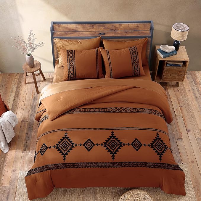 MaiRêve Burnt Orange Embroidery Comforter Sets Full Size - 7 Pieces, Farmhouse Western Boho Comforter Set, All Season Bed in A Bag Full Size with Sheets, Pillowcases & Shams