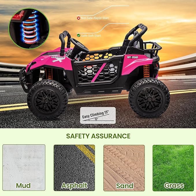24V 2 Seater Ride On Car Truck, Power Wheels Kids UTV w/Parent Remote Control, 3.1 MPH Max Speed, Music Player, LED Lights & Storage, Electric Vehicle Ride On Toy for Kids Toddler Ages 3-8, Pink