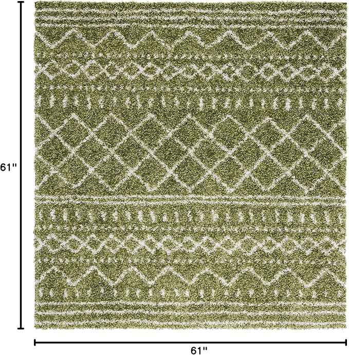 SAFAVIEH Arizona Shag Collection Area Rug - 5'1" Square, Green & Ivory, Moroccan Design, Non-Shedding & Easy Care, 1.6-inch Thick, Ideal for The Living Room, Dining, Bedroom (ASG741X)