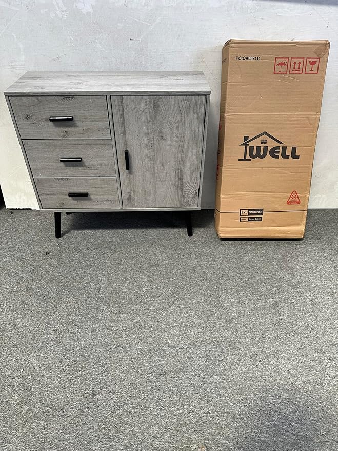 Iwell Storage Cabinet with 3 Drawers & Adjustable Shelf, Sideboard Buffet Cabinet, Small Freestanding Floor Storage Unit, for Living Room, Home Office, Rustic Grey