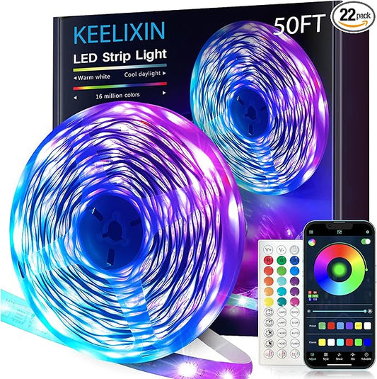 KEELIXIN LED Lights Music Sync RGB LED Strip Lights with APP & Remote Control (50ft)