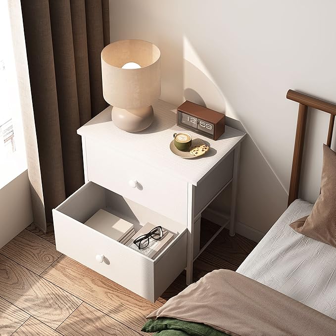 BOLUO White Nightstands Set of 2 - Nightstand and Dresser Sets Night Stand Dresser for Bedroom End Table with Fabric Drawers Organizer Modern