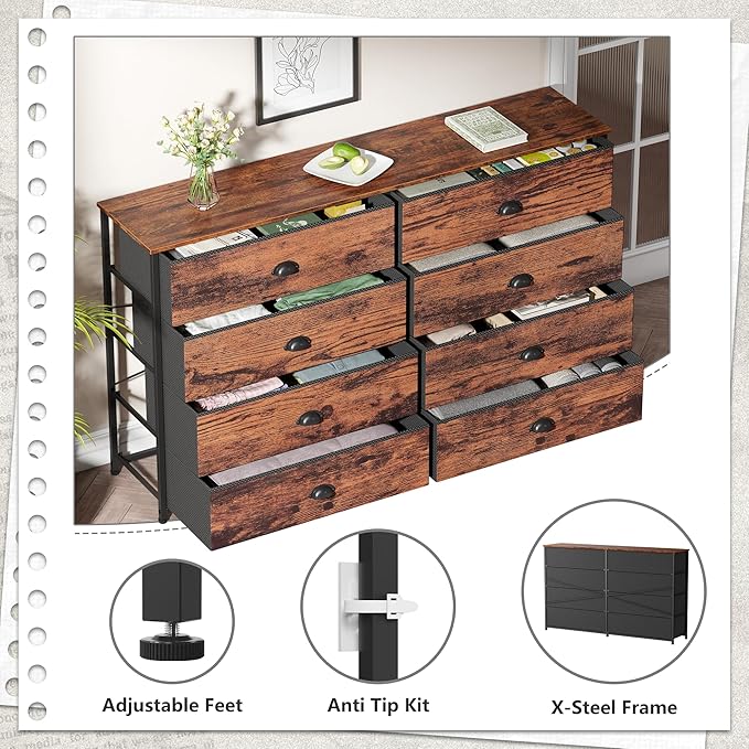 Furnulem Long Dresser for Bedroom, TV Stand for 55'' TV, Wide Storage Drawer Unit with 8 Fabric Bins, Double Dresser for Bedroom, Office, Dorm, Closet, Entryway, Wood Top (Rustic Brown)