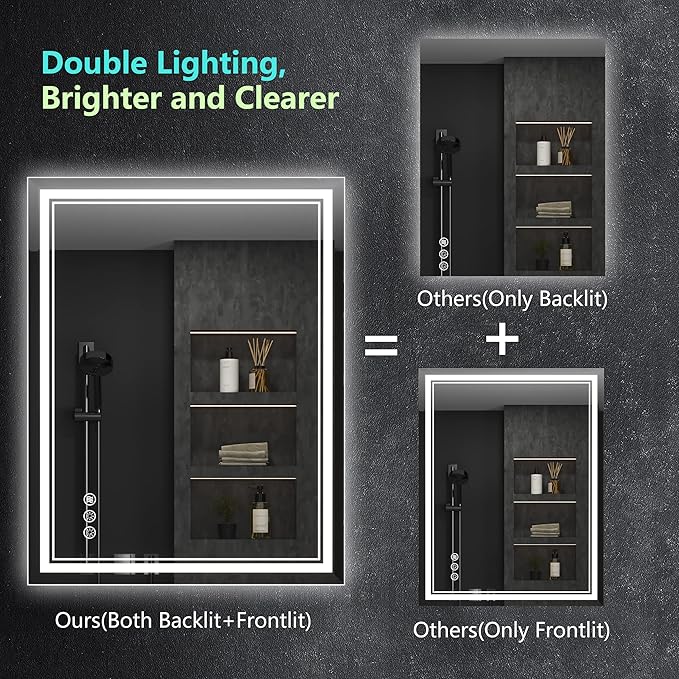 24x36 Inch Led Mirror for Bathroom with Front Light and Backlit, Dimmable Anti Fog Wall Bathroom Mirror with Led Lights, Water Proof, Decor Vanity Mirror