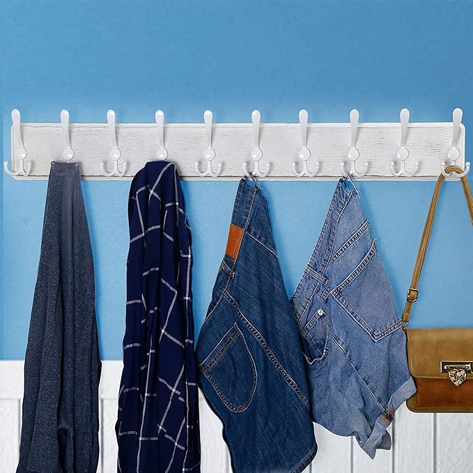 WEBI Coat Rack Wall Mount White,38 9/16" Long Coat Hooks Wall Mounted,Large Wall Coat Hanger,10 Tri Hooks for Hanging Coats,Clothes,Jacket,White