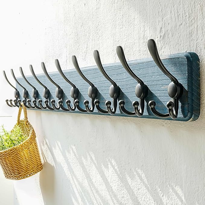 Dseap Coat Rack Wall - Heavy-Duty 38-1/4" Long, with Reinforced 10 Custom Tri-Hooks, Solid Wood Wall Hanger for Coats Hat Jackets - Rustic Farmhouse Entryway Hallway Storage, Weathered Blue & Black
